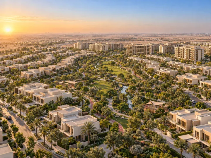 Townhouses facing a green walkway at Greenwood by Aldar